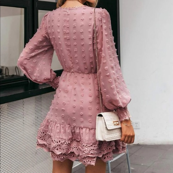 Simple Swiss Dot Bishop Sleeve Guipure Lace trim dress - Picture 2 of 2